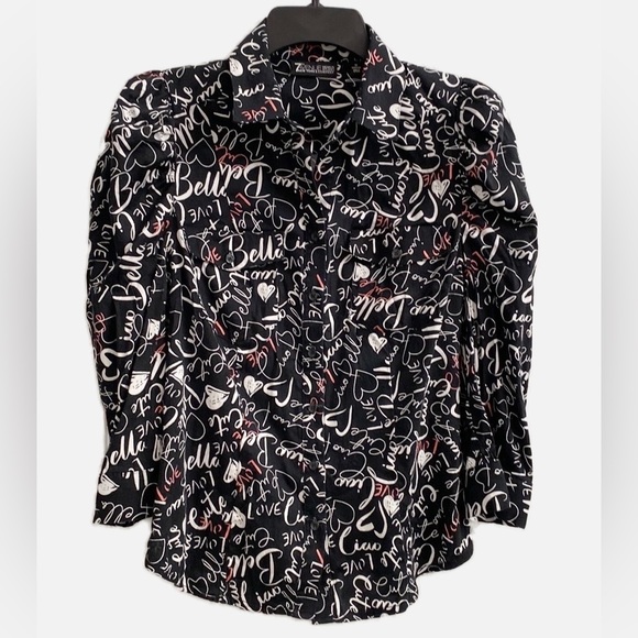 Graffiti Words Top Blouse Ciao Bella Pink Black Hearts Puffed Sleeves - Picture 4 of 9